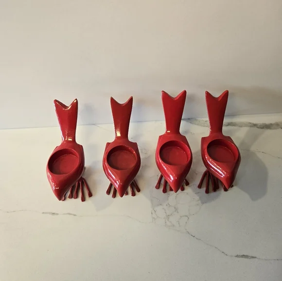 Set of 4 Vintage CB2 Red Chick Iron Tea Light Candle Holders or Votive Holders - Picture 2 of 5